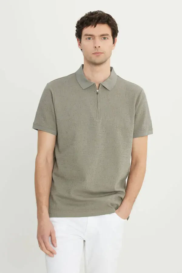 Men's Khaki Cotton Slim Fit Narrow Cut Zippered Collar Jacquard Stretch T-Shirt - 1