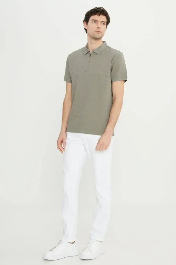 Men's Khaki Cotton Slim Fit Narrow Cut Zippered Collar Jacquard Stretch T-Shirt - 2