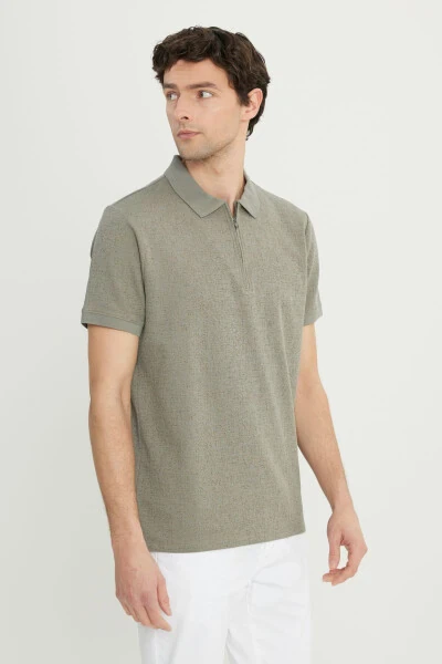 Men's Khaki Cotton Slim Fit Narrow Cut Zippered Collar Jacquard Stretch T-Shirt - 3