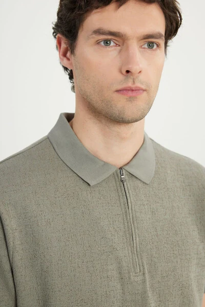 Men's Khaki Cotton Slim Fit Narrow Cut Zippered Collar Jacquard Stretch T-Shirt - 4