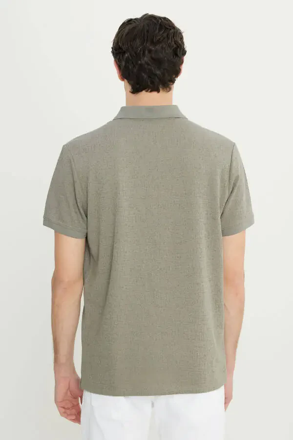 Men's Khaki Cotton Slim Fit Narrow Cut Zippered Collar Jacquard Stretch T-Shirt - 5