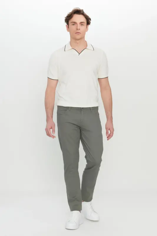 Men's Khaki Cotton Slim Fit Tapered 5-Pocket Stretch Casual Pants-Khaki - 2