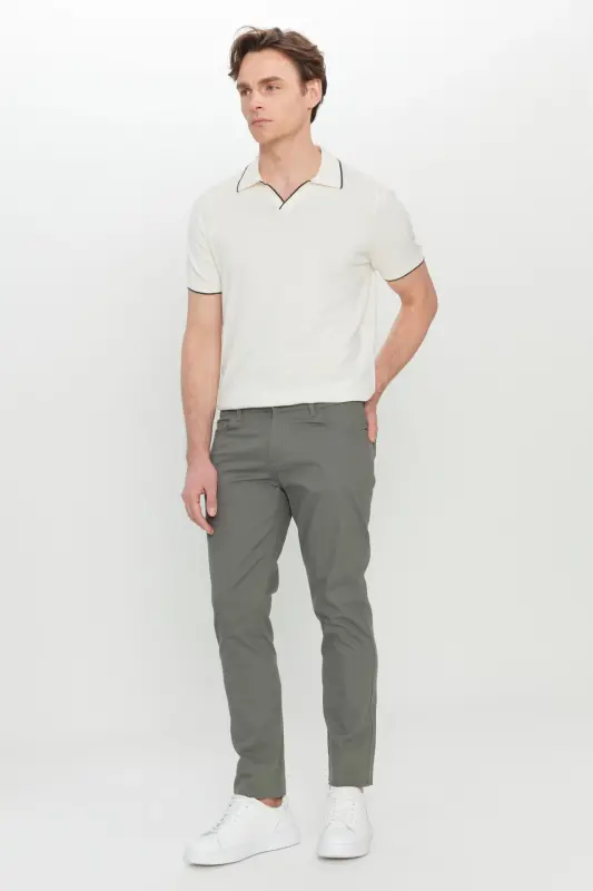 Men's Khaki Cotton Slim Fit Tapered 5-Pocket Stretch Casual Pants-Khaki - 3