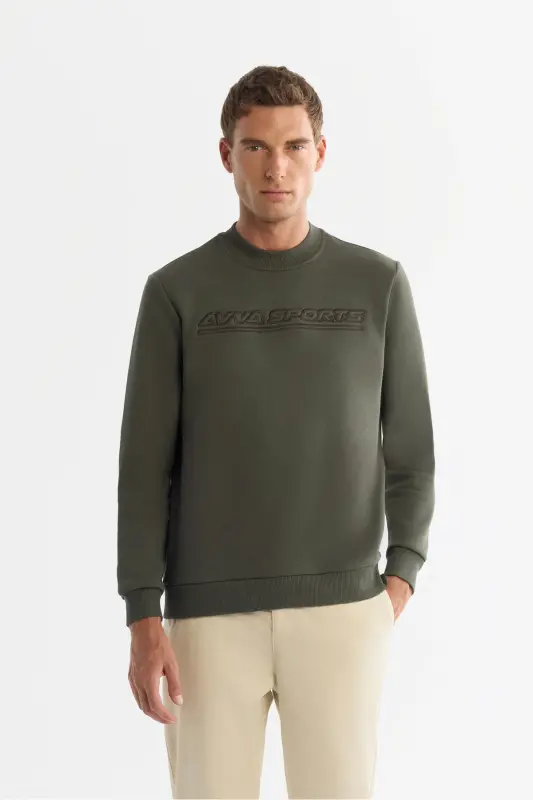 Men's Khaki Crew Neck 3 Thread Brushed Printed - 1