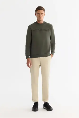 Men's Khaki Crew Neck 3 Thread Brushed Printed - 5