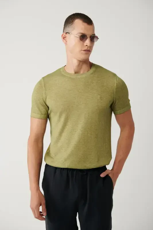 Men's Khaki Crew Neck Garment Dyed Paint Effect Regular Fit Knit T-shirt A41y5074 - 1