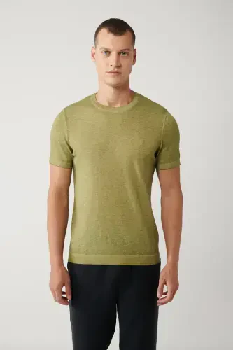 Men's Khaki Crew Neck Garment Dyed Paint Effect Regular Fit Knit T-shirt A41y5074 - 3