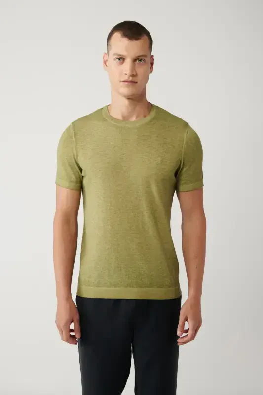 Men's Khaki Crew Neck Garment Dyed Paint Effect Regular Fit Knit T-shirt A41y5074 - 3