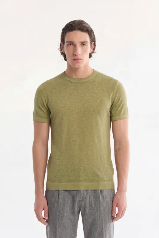 Men's Khaki Crew Neck Garment Dyed Paint Effect Regular Fit Knit T-shirt A41y5074 - AVVA