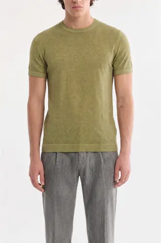 Men's Khaki Crew Neck Garment Dyed Paint Effect Regular Fit Knit T-shirt A41y5074 - 3