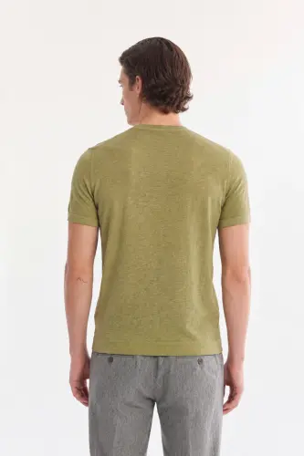 Men's Khaki Crew Neck Garment Dyed Paint Effect Regular Fit Knit T-shirt A41y5074 - 4