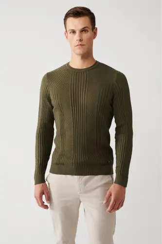 Men's Khaki Crew Neck Patterned Knit Sweater A32y5 - 1