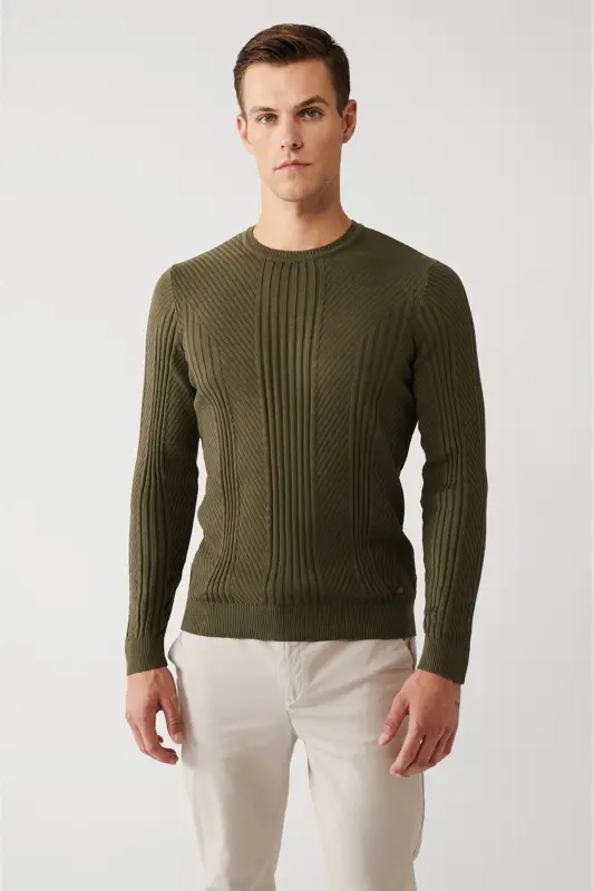 Men's Khaki Crew Neck Patterned Knit Sweater A32y5 - 1