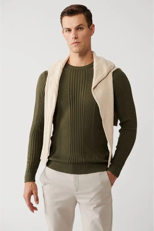 Men's Khaki Crew Neck Patterned Knit Sweater A32y5 - 3