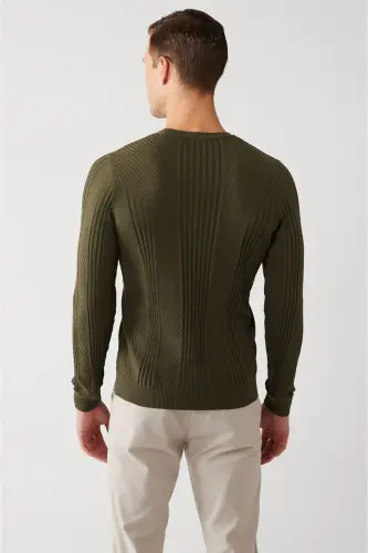 Men's Khaki Crew Neck Patterned Knit Sweater A32y5 - 4