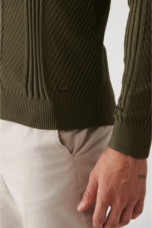 Men's Khaki Crew Neck Patterned Knit Sweater A32y5 - 5