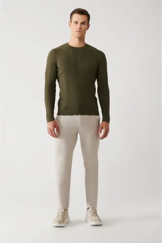 Men's Khaki Crew Neck Patterned Knit Sweater A32y5 - 6