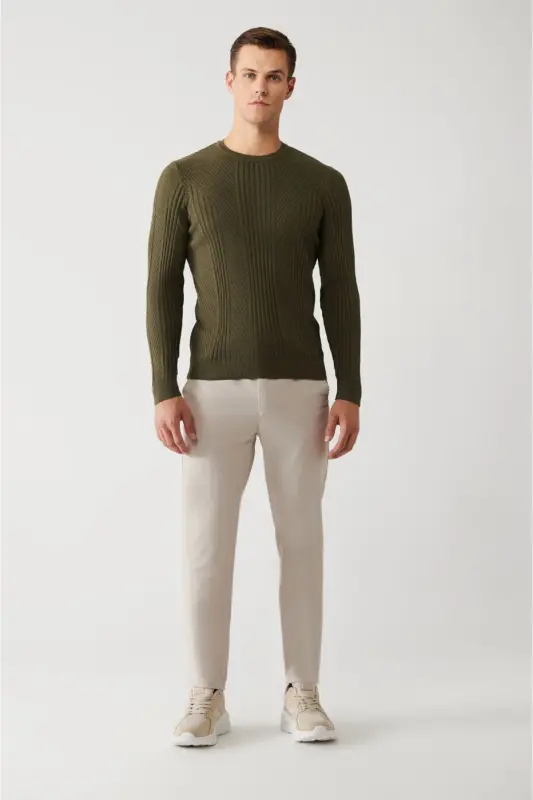 Men's Khaki Crew Neck Patterned Knit Sweater A32y5 - 6