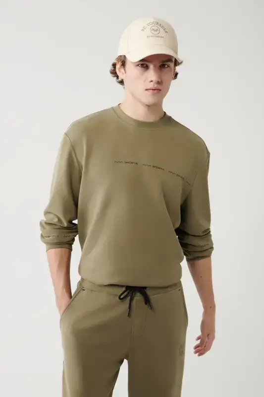 Men's Khaki Crewneck Printed Sweatshirt - AVVA