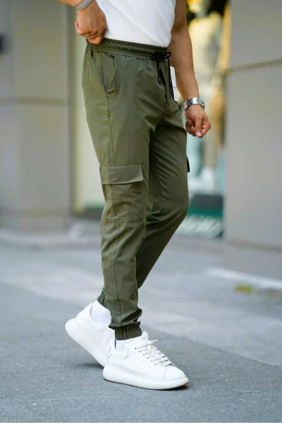 Men's Khaki Elastic Waist Drawstring Cargo Pocket Flexible Slim Fit Jogger Pants - CEYHANPARK