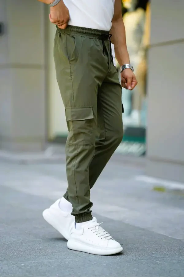 Men's Khaki Elastic Waist Drawstring Cargo Pocket Flexible Slim Fit Jogger Pants - 1