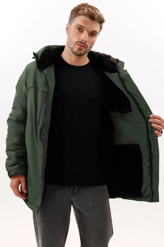 Men's Khaki Fleece Lined Water & Windproof Hooded Winter Coat & Jacket & Parka-KHAKI - 5
