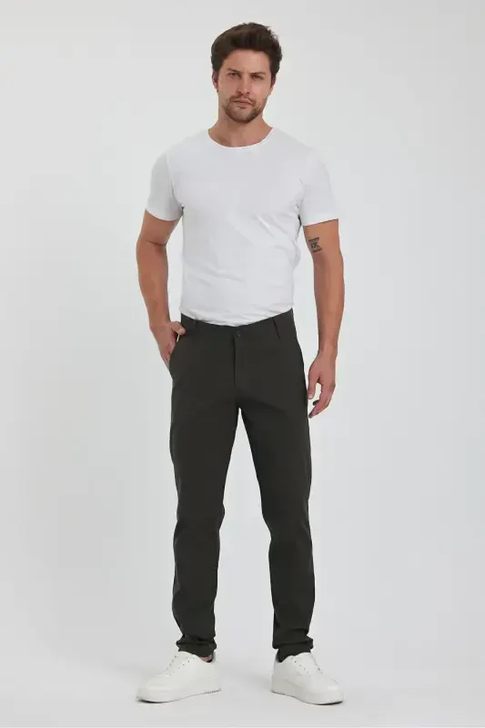 Men's Khaki Gabardine Cotton Slim Fit Stretch Chino Pants-Khaki - 3