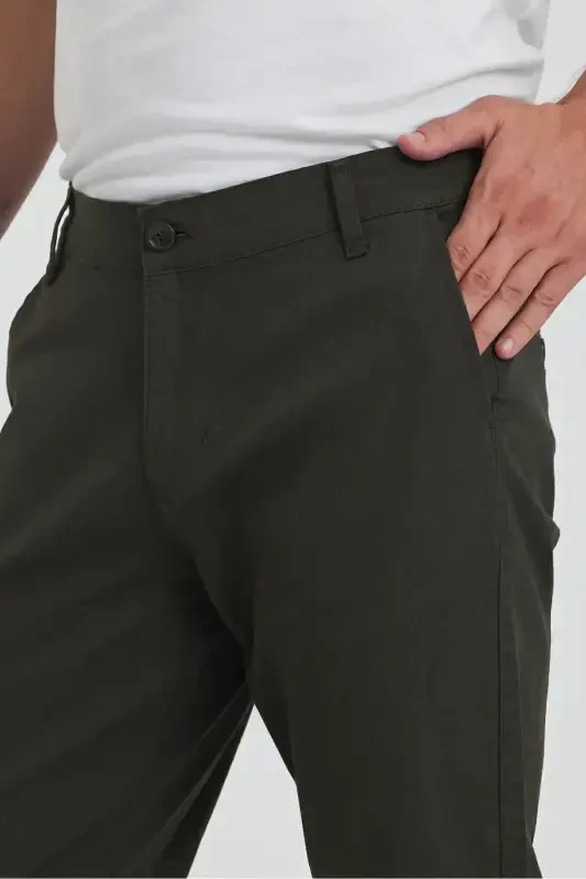 Men's Khaki Gabardine Cotton Slim Fit Stretch Chino Pants-Khaki - 5