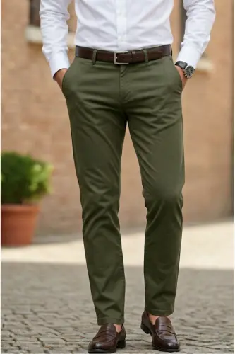 Men's Khaki Gabardine Cotton Slim Fit Stretch Chino Pants-Khaki 