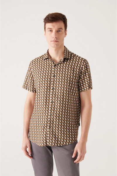 Men's Khaki Geometric Patterned Viscose Shirt A21y2117 - 6