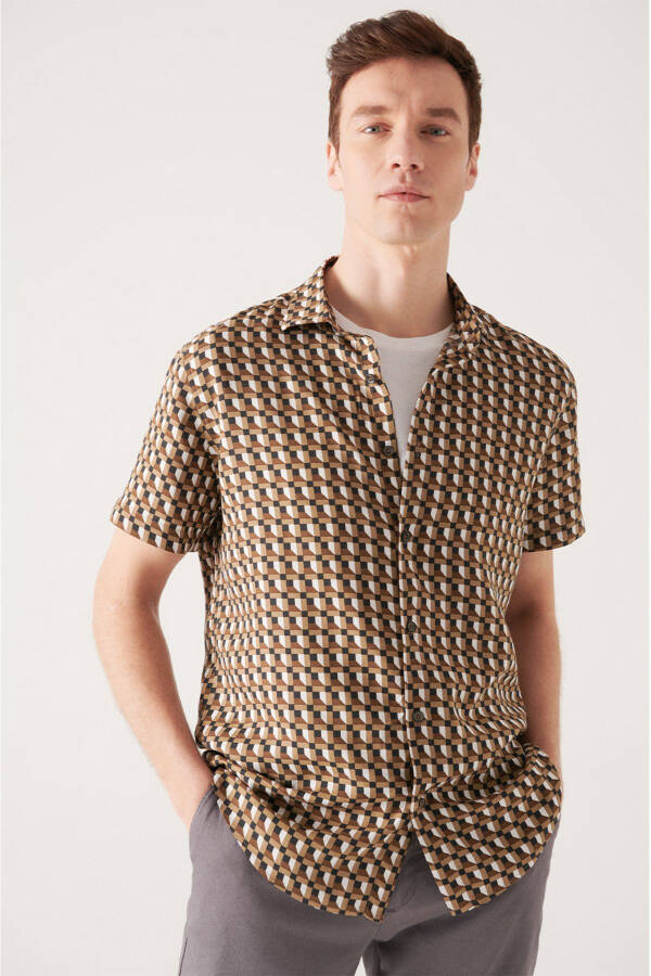 Men's Khaki Geometric Patterned Viscose Shirt A21y2117 - 3