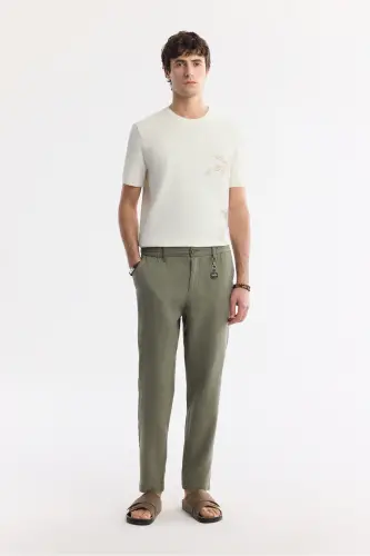 Men's Khaki Issos Relaxed Fit Trousers Elastic Waistband 100% Linen B003032 
