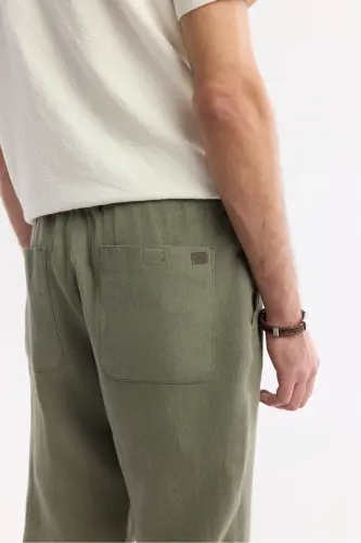 Men's Khaki Issos Relaxed Fit Trousers Elastic Waistband 100% Linen B003032 - 5