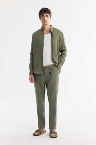 Men's Khaki Issos Relaxed Fit Trousers Elastic Waistband 100% Linen B003032 - 7