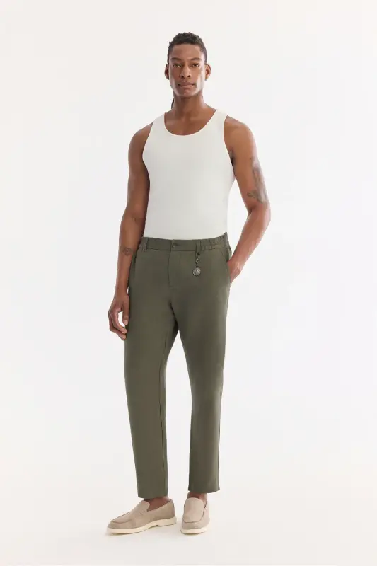 Men's Khaki Issos Relaxed Fit Trousers Elastic Waistband 100% Linen B003032 - 8