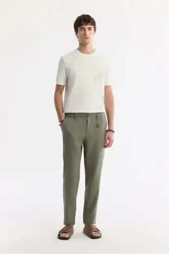 Men's Khaki Issos Relaxed Fit Trousers Elastic Waistband 100% Linen B003032 - 1
