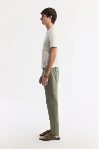 Men's Khaki Issos Relaxed Fit Trousers Elastic Waistband 100% Linen B003032 - AVVA (1)