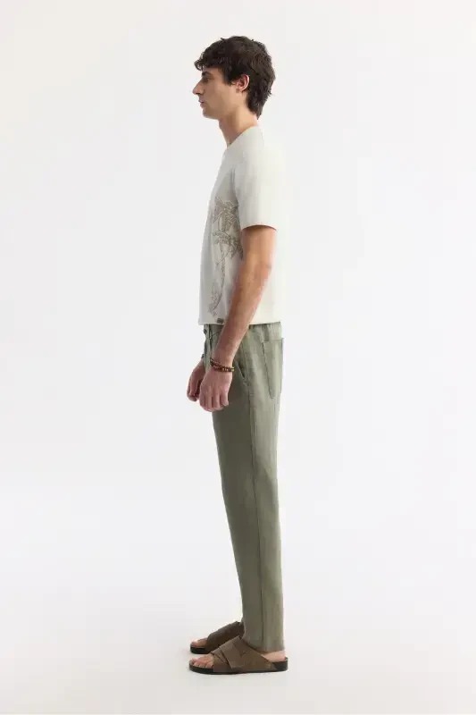 Men's Khaki Issos Relaxed Fit Trousers Elastic Waistband 100% Linen B003032 - 2