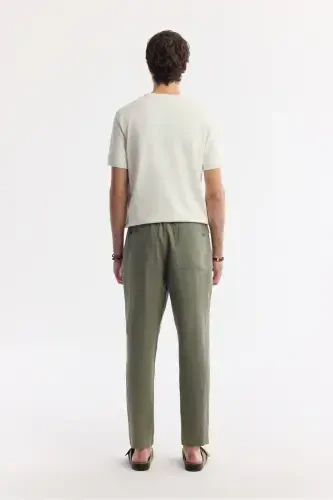 Men's Khaki Issos Relaxed Fit Trousers Elastic Waistband 100% Linen B003032 - 3