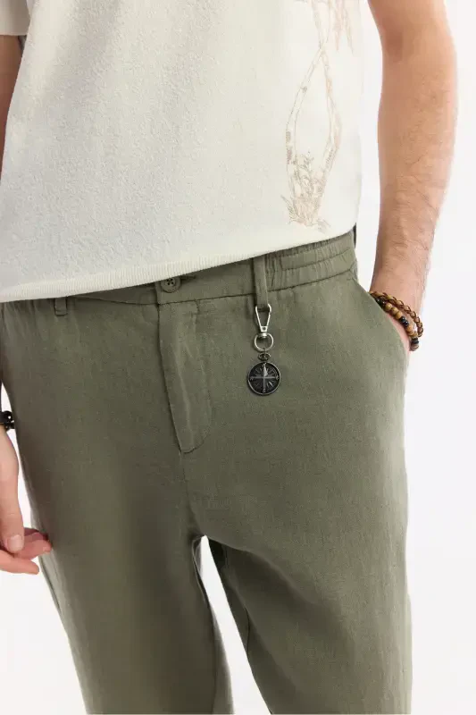 Men's Khaki Issos Relaxed Fit Trousers Elastic Waistband 100% Linen B003032 - 4