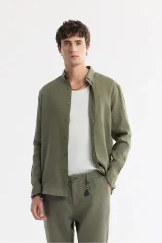 Men's Khaki Issos Relaxed Fit Trousers Elastic Waistband 100% Linen B003032 - 6