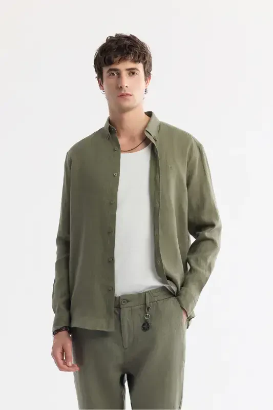 Men's Khaki Issos Relaxed Fit Trousers Elastic Waistband 100% Linen B003032 - 6