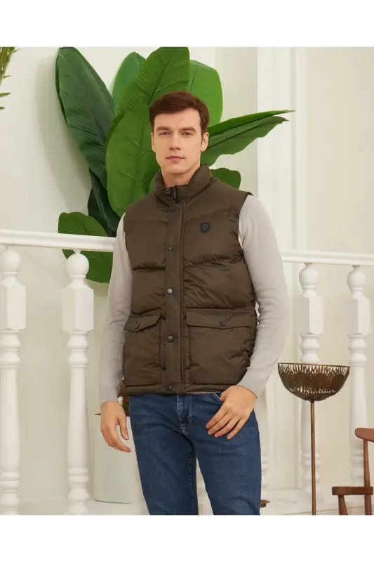 Men's Khaki-Khaki Padded Vest with Pocket Detail - 2