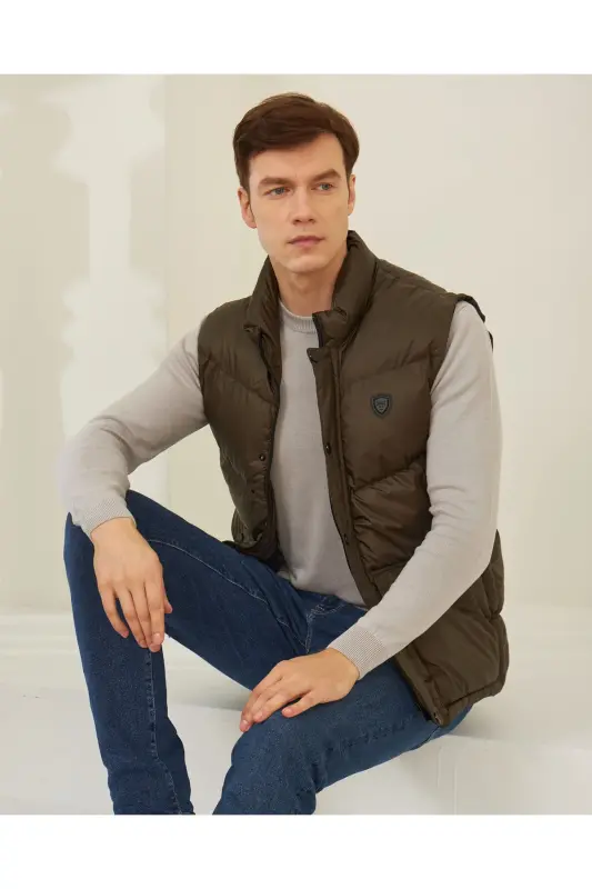 Men's Khaki-Khaki Padded Vest with Pocket Detail - 6