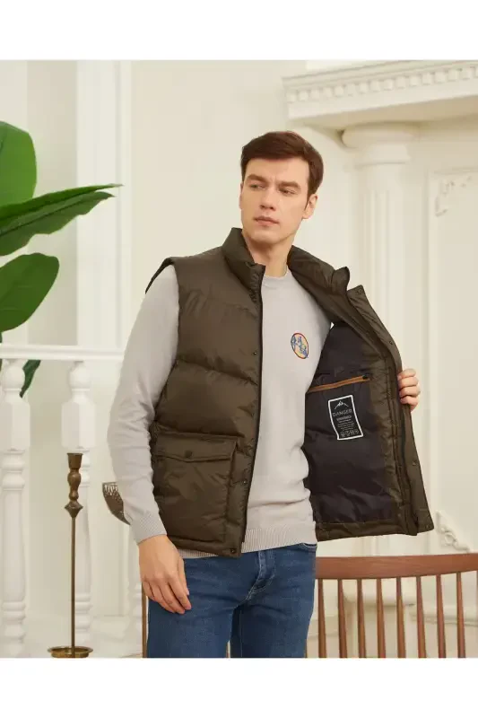 Men's Khaki-Khaki Padded Vest with Pocket Detail - 3