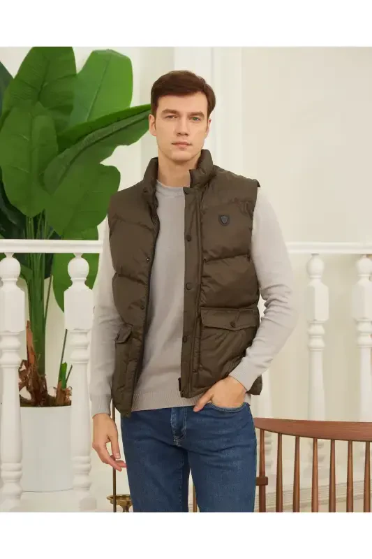 Men's Khaki-Khaki Padded Vest with Pocket Detail - 5
