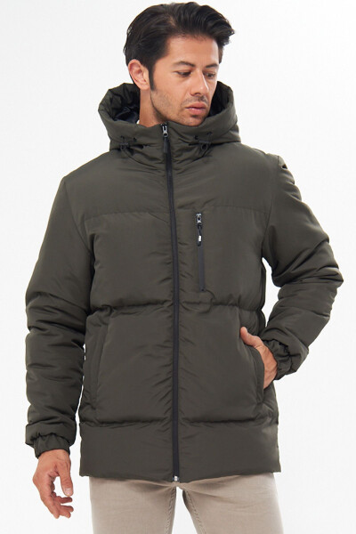 Men's Khaki Lined Hooded Puffer Winter Sports Jacket - 25