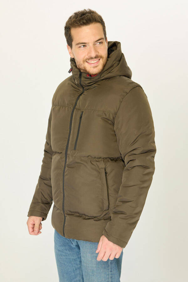 Men's Khaki Lined Hooded Puffer Winter Sports Jacket - 20