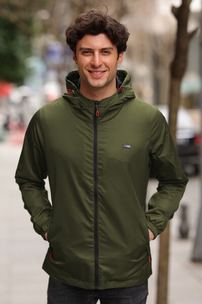 Men's Khaki Lined Waterproof Hooded Pocket Raincoat - Windbreaker Jacket - 5