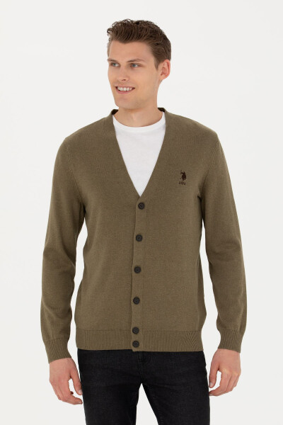 Men's Khaki Melange Basic Knit Cardigan - 1